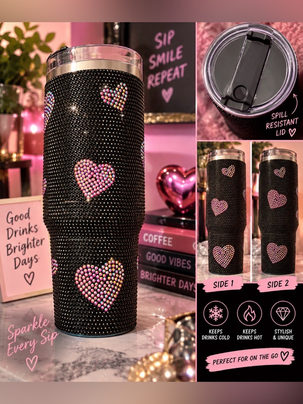 Black Rhinestone Tumbler with Pink Heart Design - Drinkware Travel Cup
